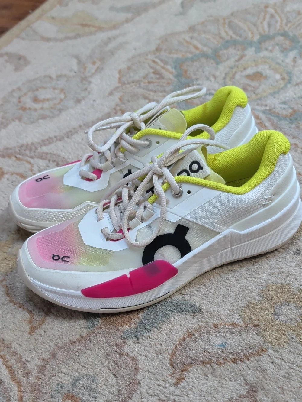 On Cloud The Roger Pro 2 White Athletic Sneakers with Lime & Pink Accents